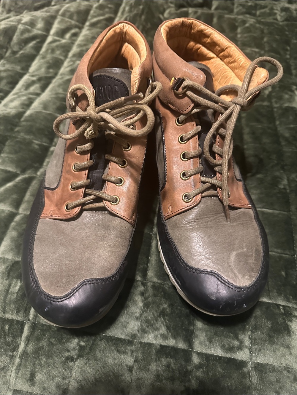 John Fluevog Three-Tone Brown, Gray & Black Leather Chukka Boots